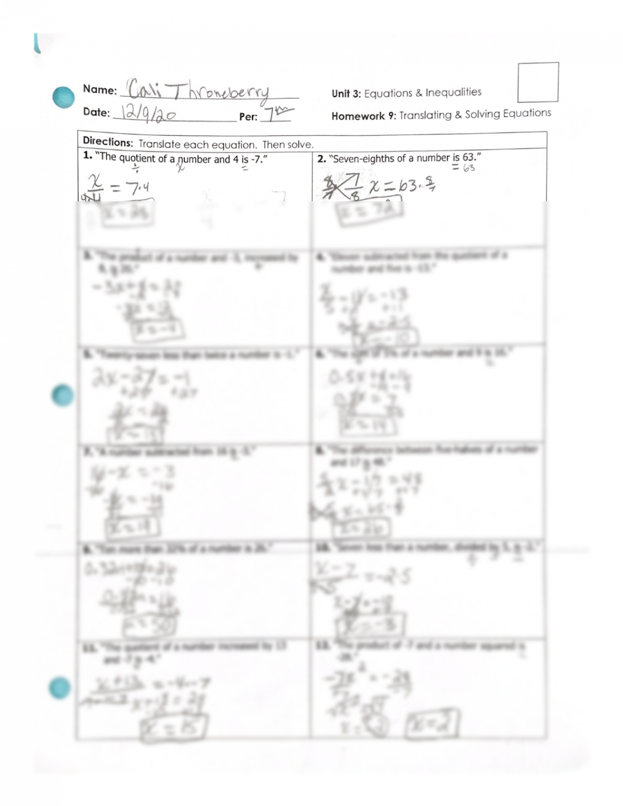 SOLUTION: Translating and Solving Equations Exercises - Studypool