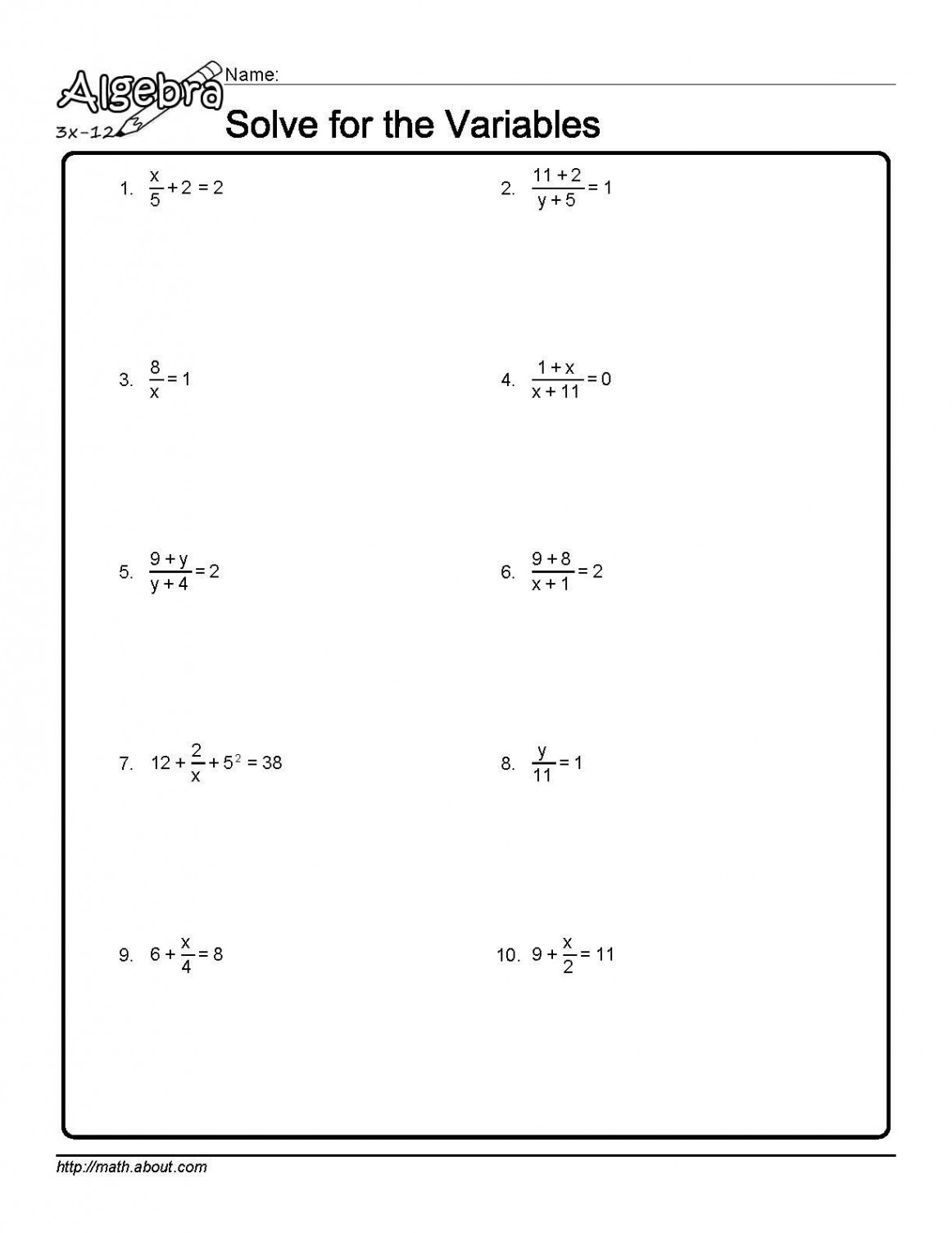 Solve for the Variables Worksheet  of 0