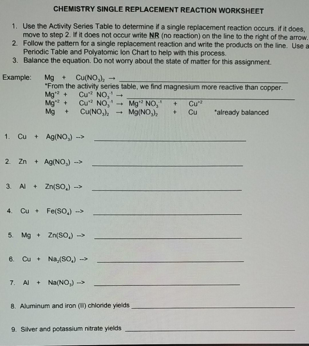 Solved CHEMISTRY SINGLE REPLACEMENT REACTION WORKSHEET .  Chegg