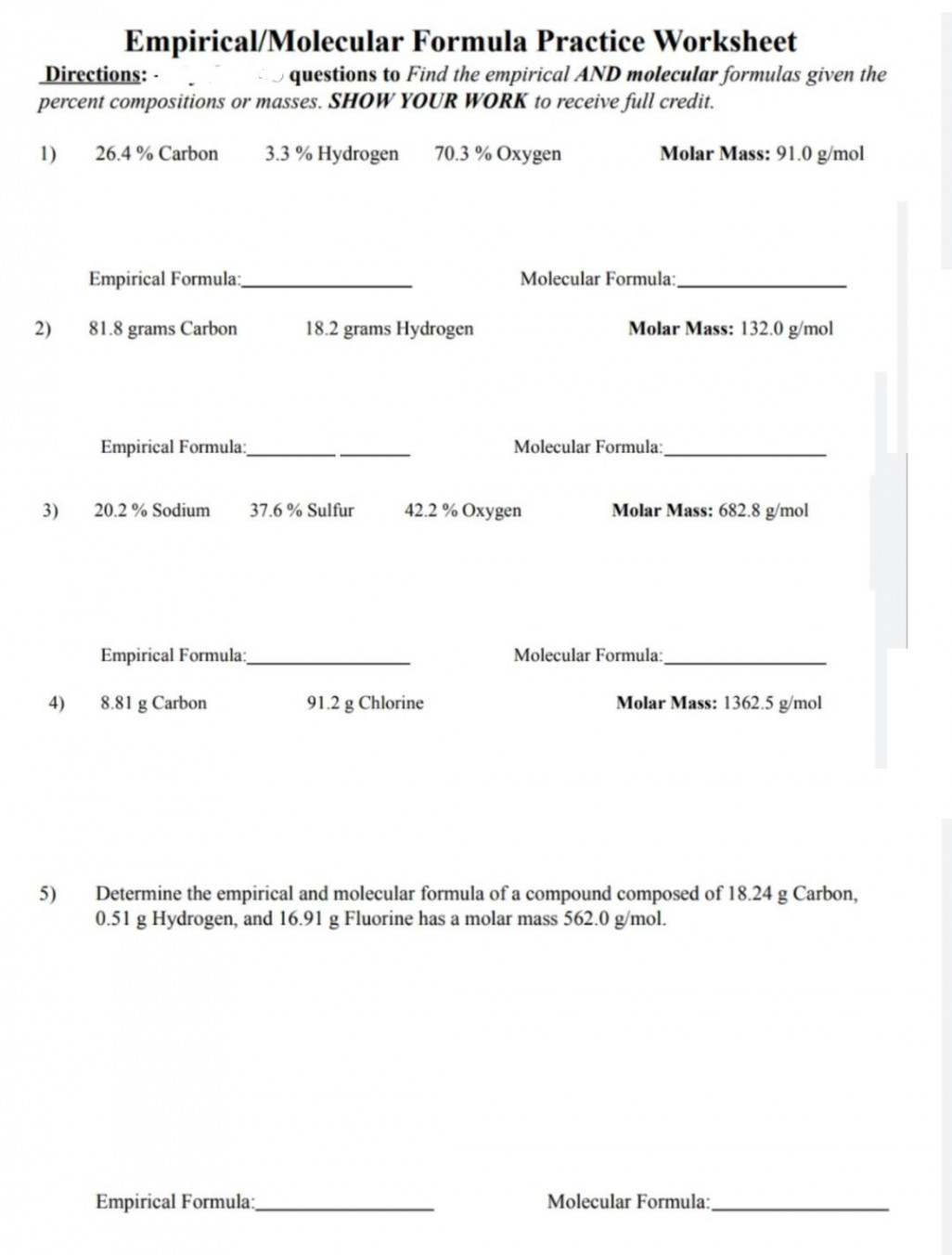 Solved Empirical/Molecular Formula Practice Worksheet  Chegg