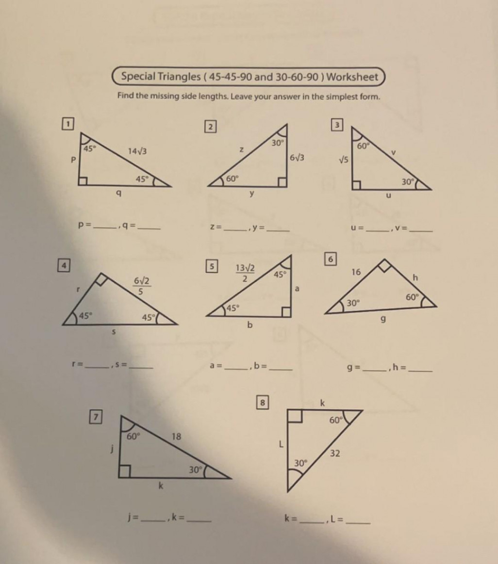 Solved Special Triangles (-- and -- ) Worksheet