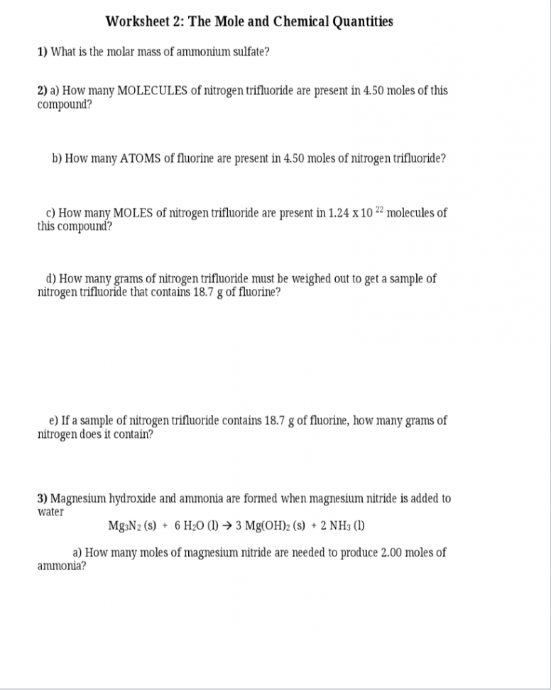 Solved Worksheet : The Mole and Chemical Quantities ) What