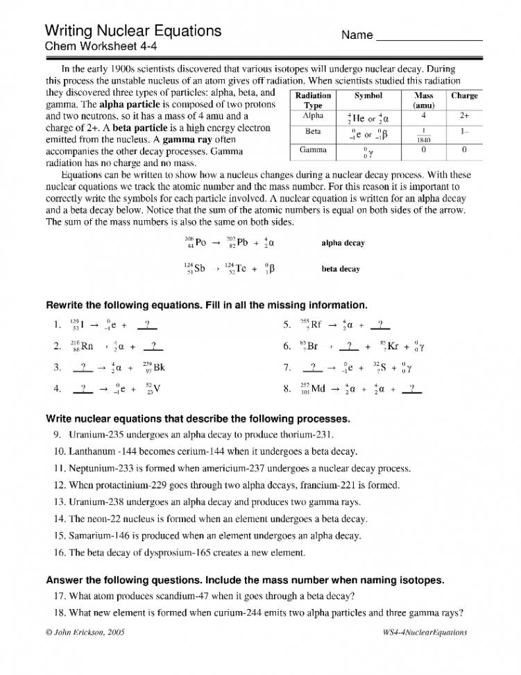 Solved Writing Nuclear Equations Chem Worksheet - Name  Chegg