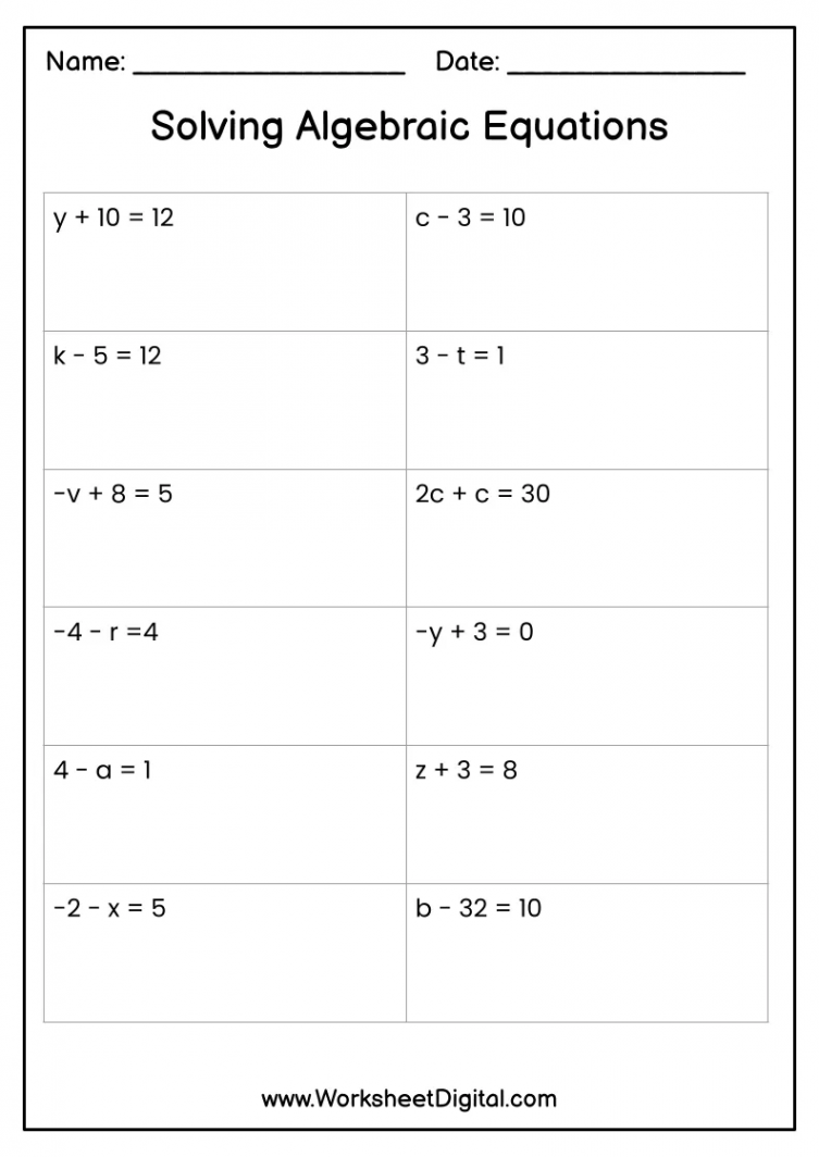 Solving Algebraic Expressions - Worksheet Digital