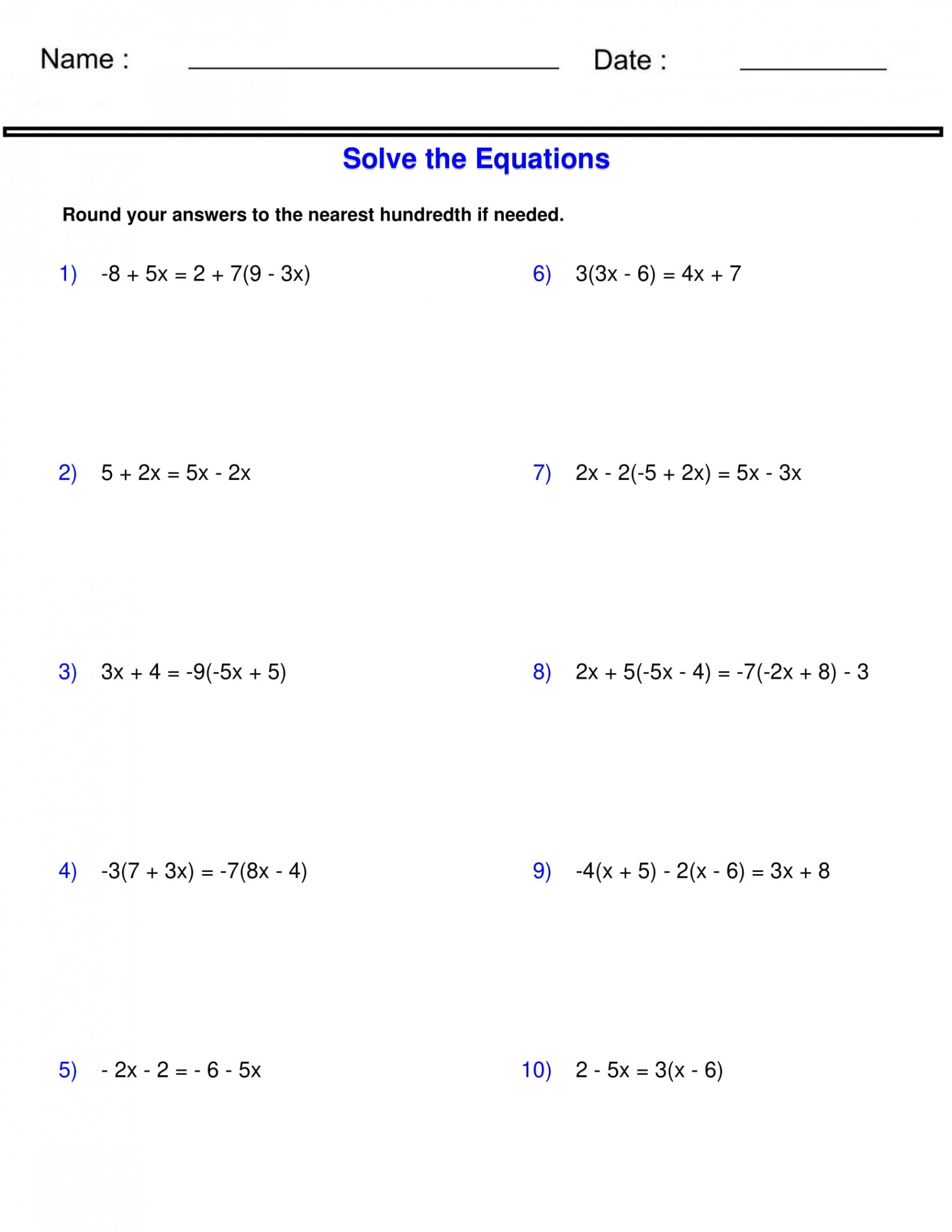 solving equations with variables on both sides Worksheet