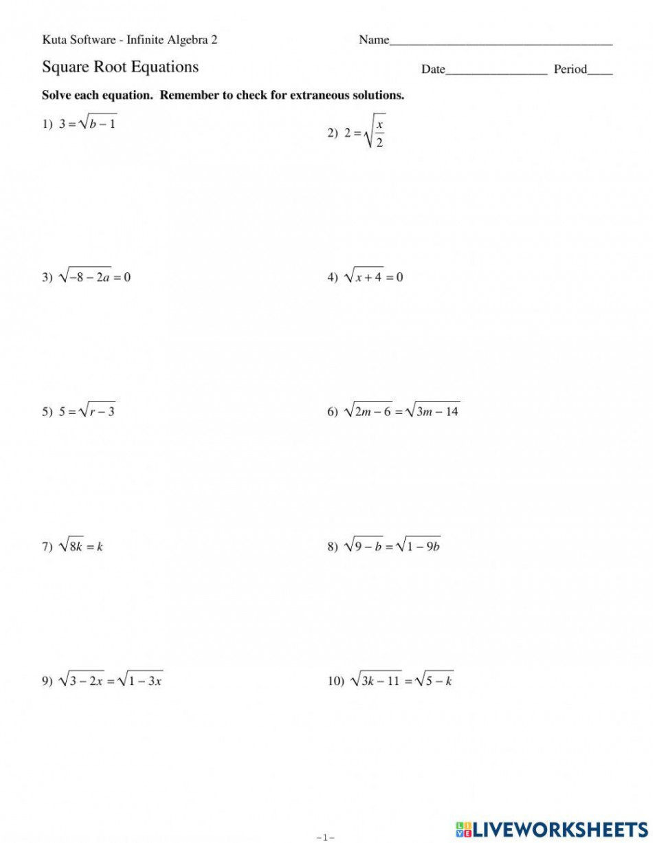 Solving Square Root Equations worksheet  Live Worksheets