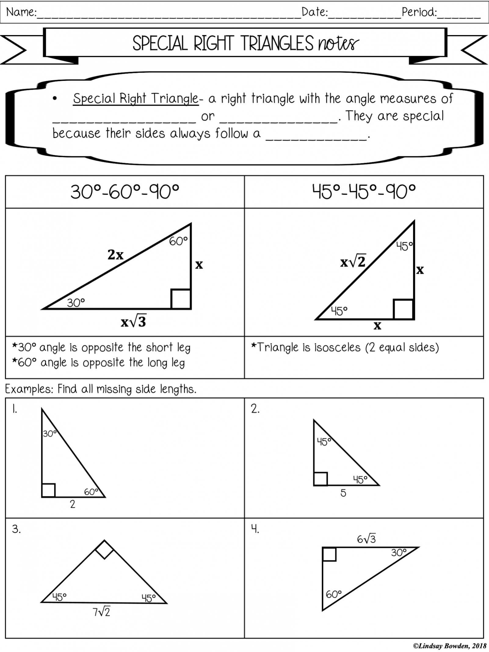 Special Right Triangles Notes and Worksheets - Lindsay Bowden