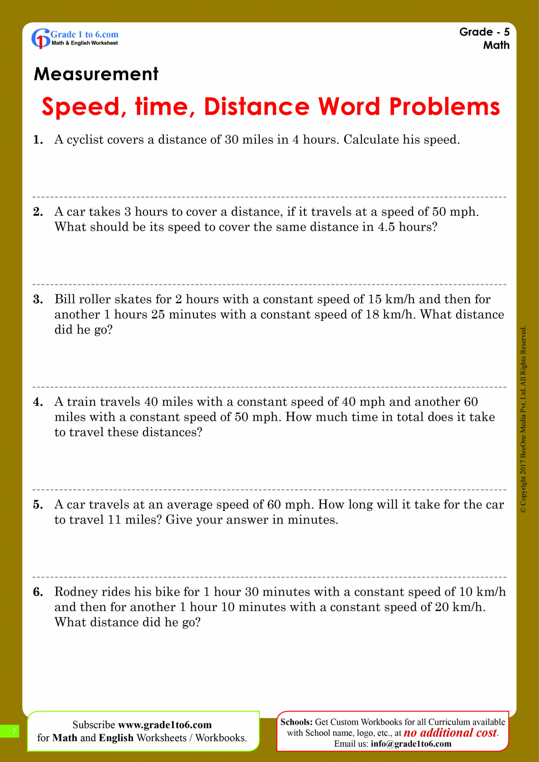 Speed, Time, and Distance Word Problems Worksheet  Gradeto