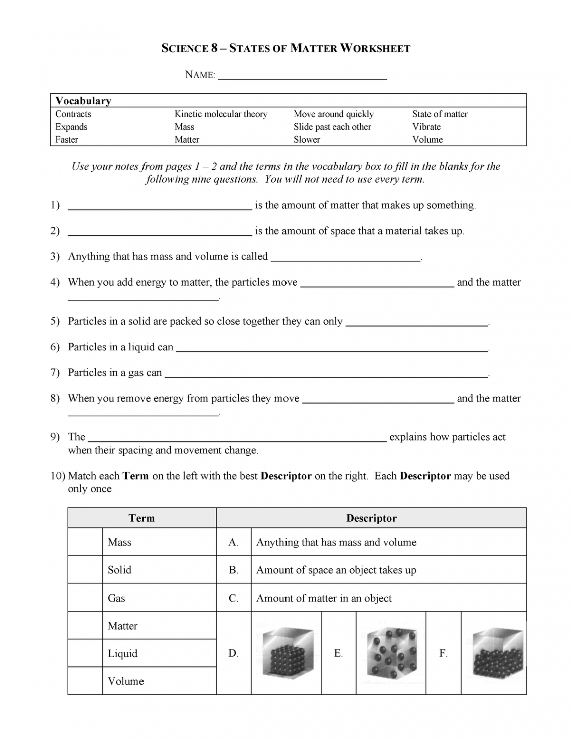 States of Matter Worksheet - SCIENCE  – STATES OF MATTER