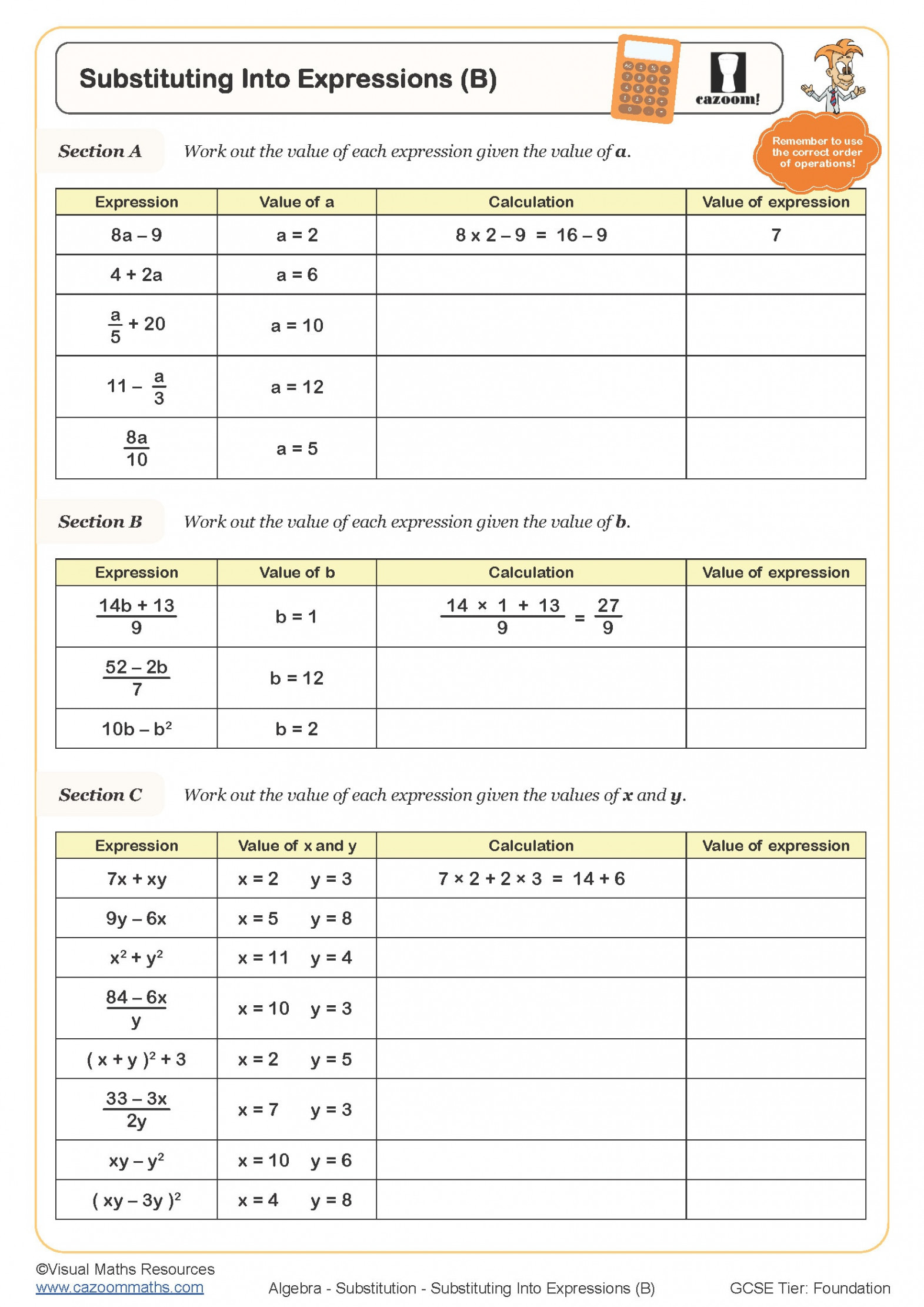 Substituting into Expressions (B) Worksheet  Printable PDF Worksheets