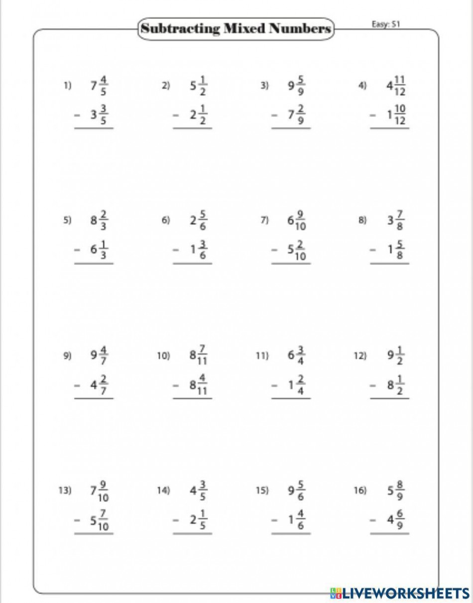 Subtracting Mixed Numbers-Like Denominators worksheet  Live