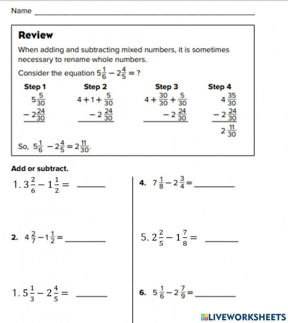 Subtracting mixed numbers with regrouping(Level ) worksheet