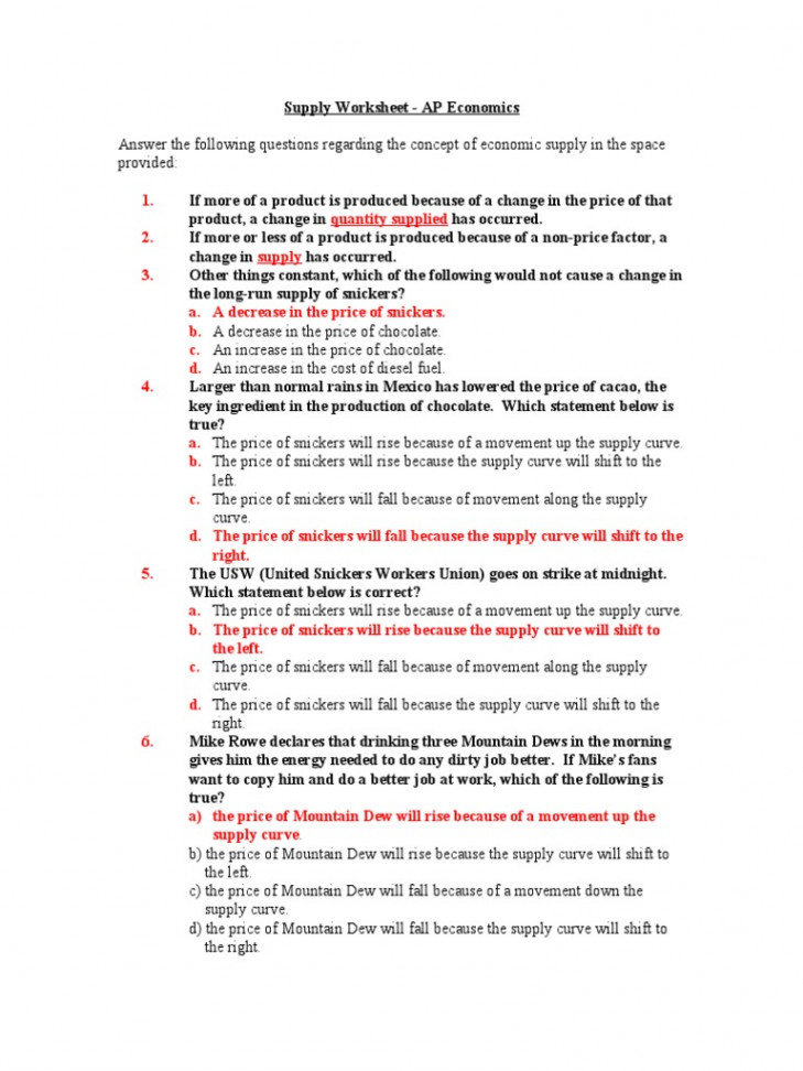 Supply Worksheet Key  PDF  Supply (Economics)  Supply And Demand