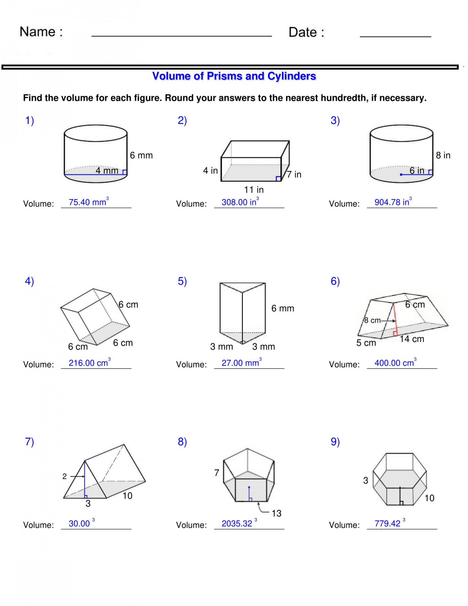 Surface Area and Volume - Prisms and Cylinders Volume Worksheets