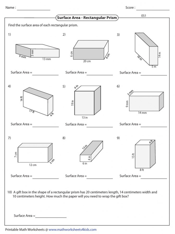 Surface Area - Rectangular Prism:  MM  CM  PDF  Area