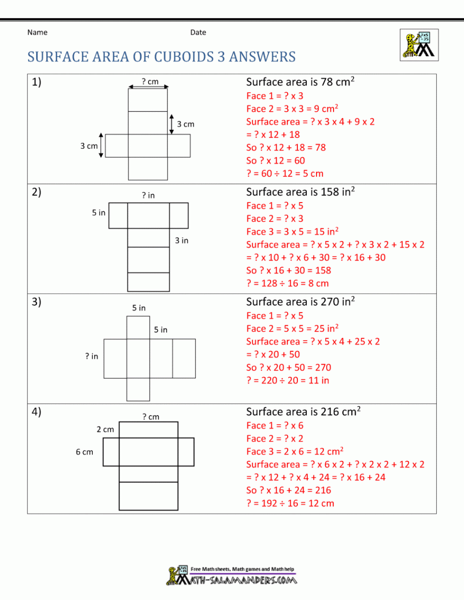 Surface Area Worksheet th Grade