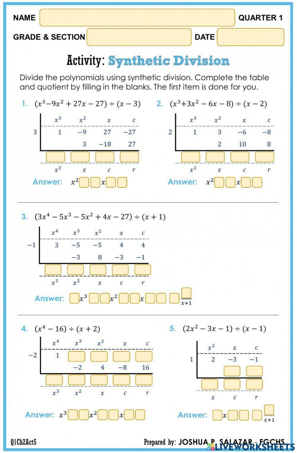 Synthetic Division interactive worksheet  Live Worksheets