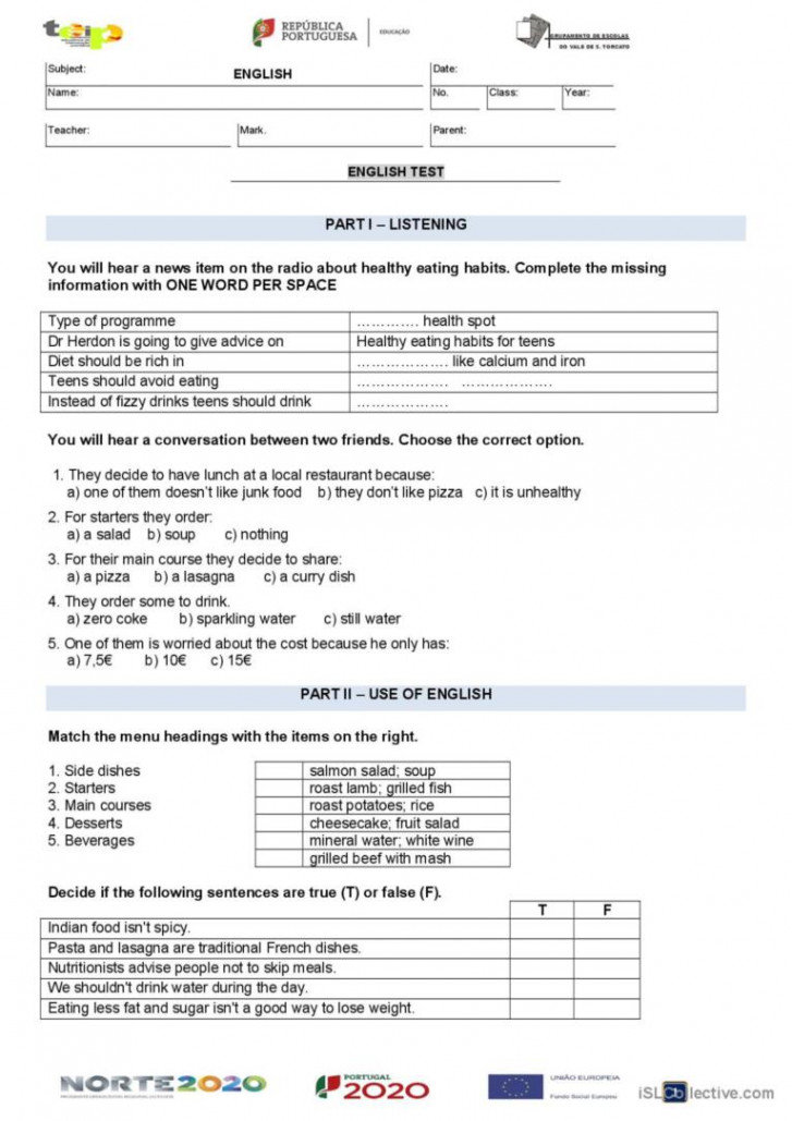 th Grade Healthy Eating test, versi: English ESL worksheets pdf