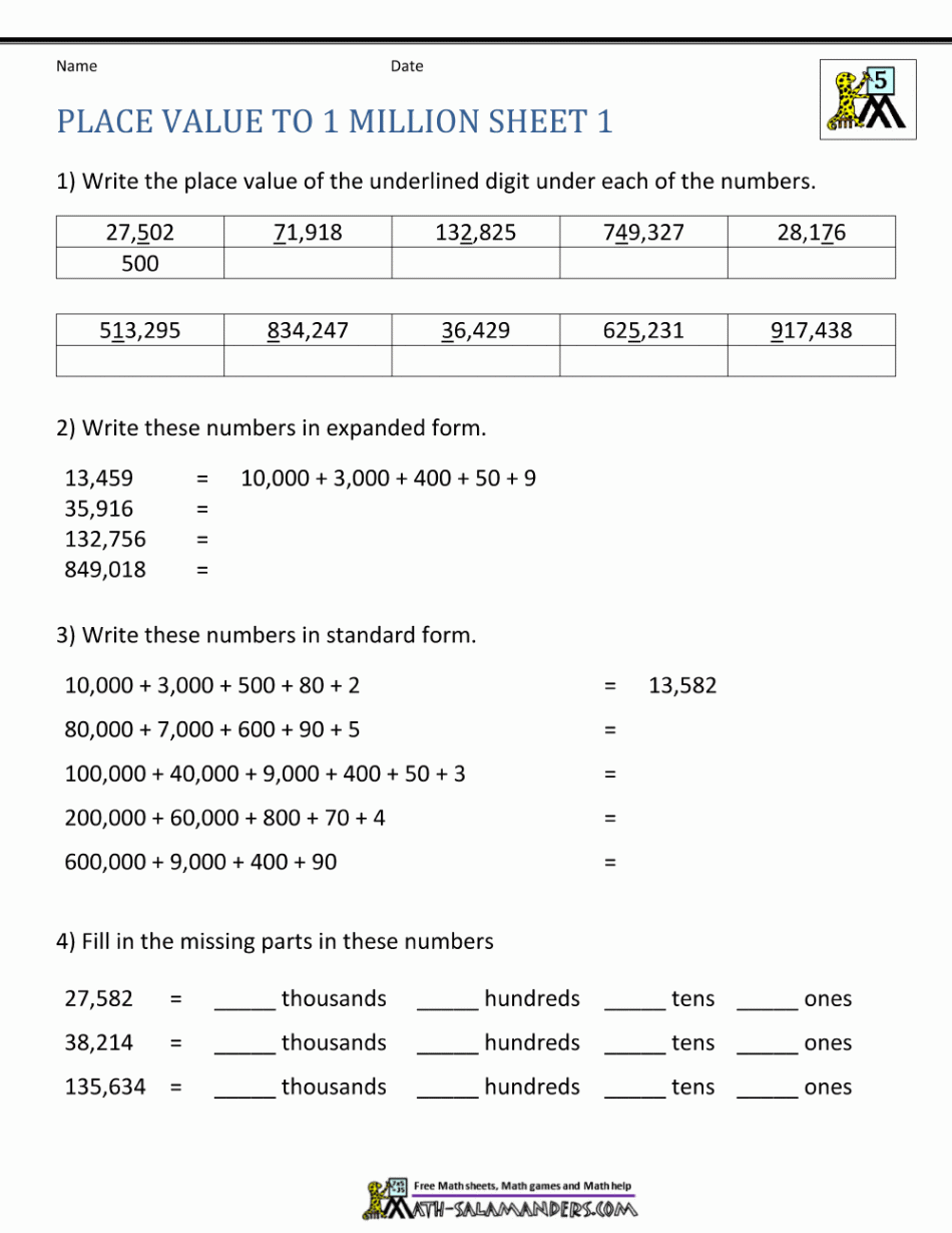 th Grade Math Worksheets Place Value To  Million   Place value