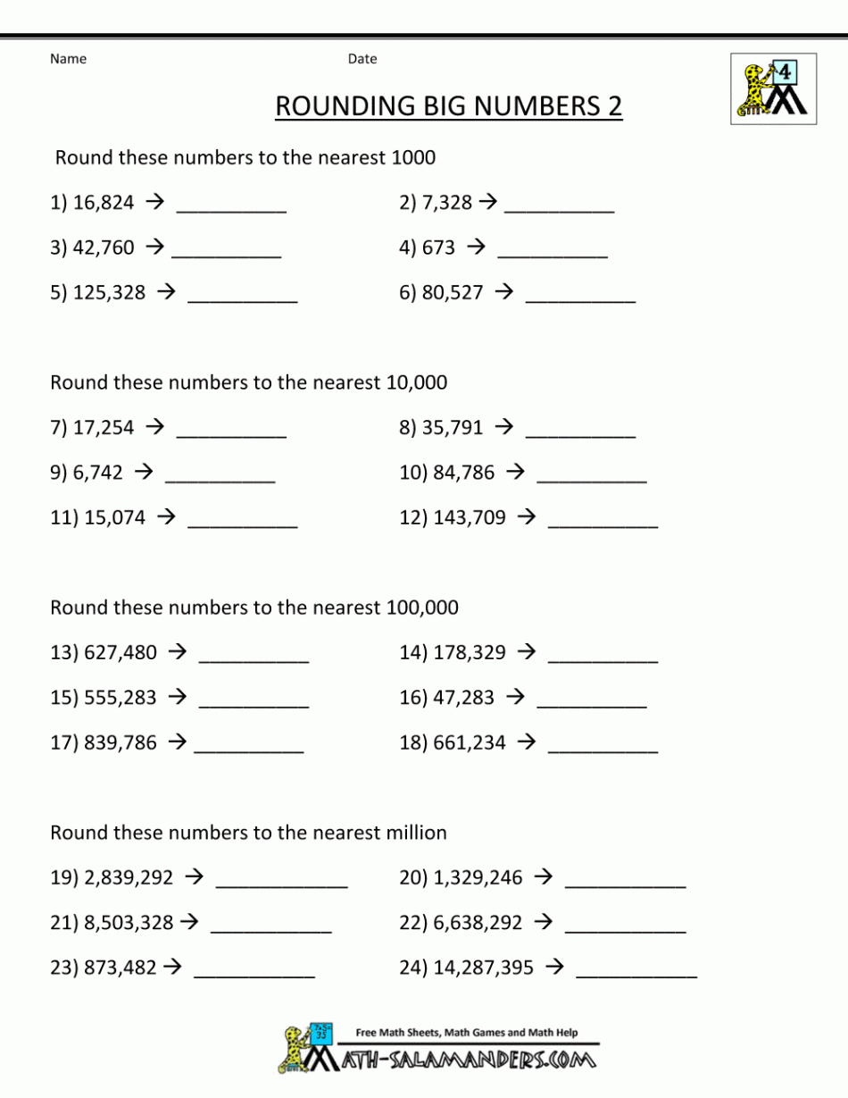 th Grade Math Worksheets: Reading, Writing and Rounding BIG