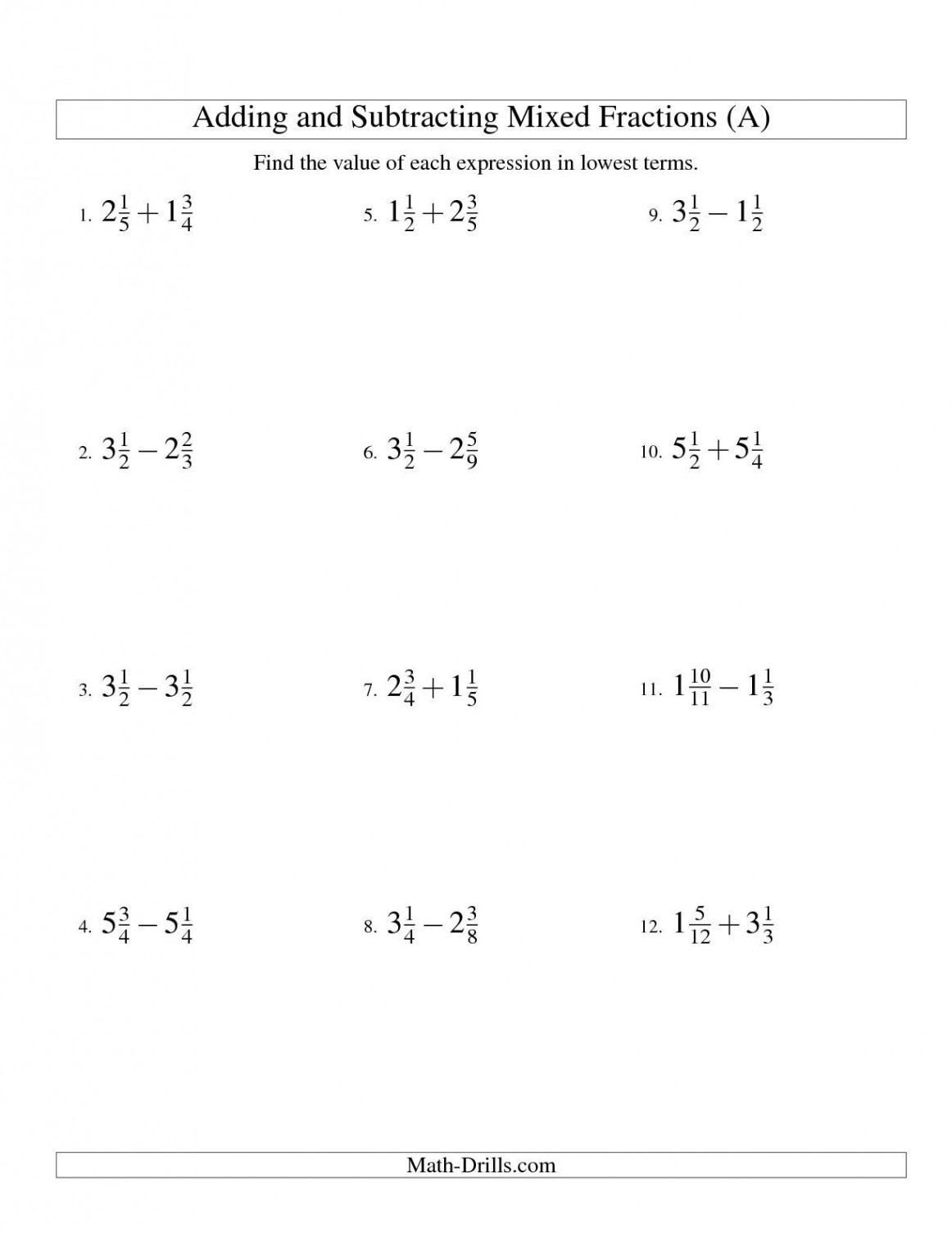 The Adding and Subtracting Mixed Fractions (A) math worksheet from