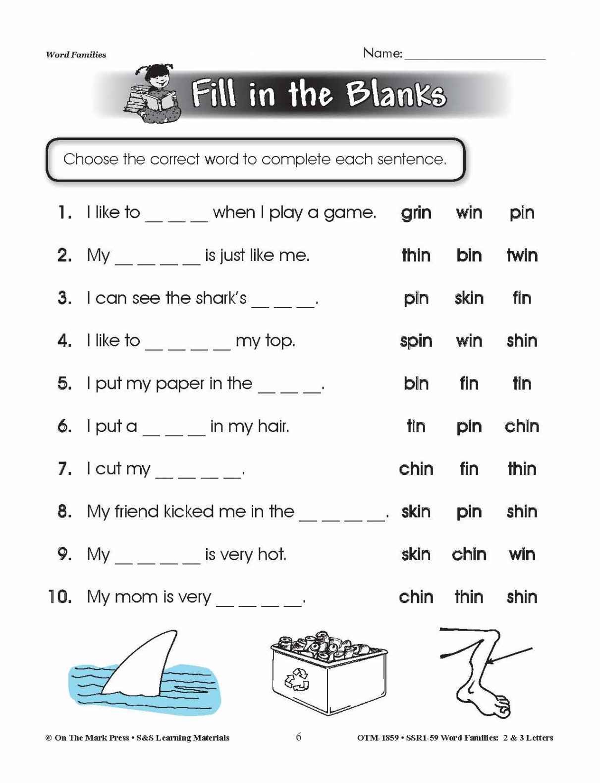 The _in Word Family Worksheets Grades -