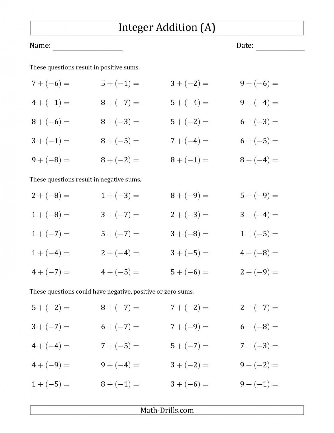 The Positive Plus a Negative Integer Addition (Scaffolded) Range