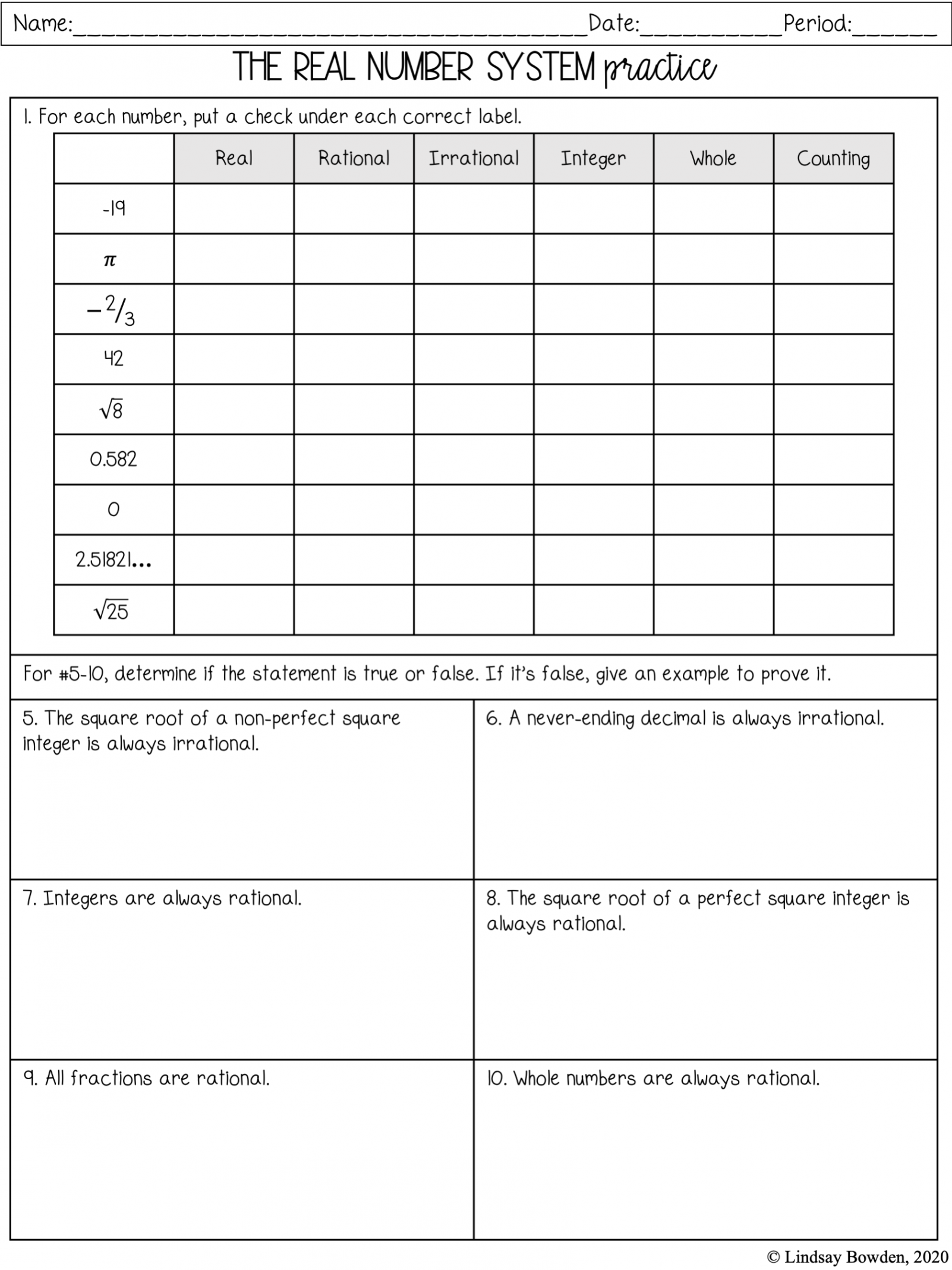 The Real Number System Notes and Worksheets - Lindsay Bowden