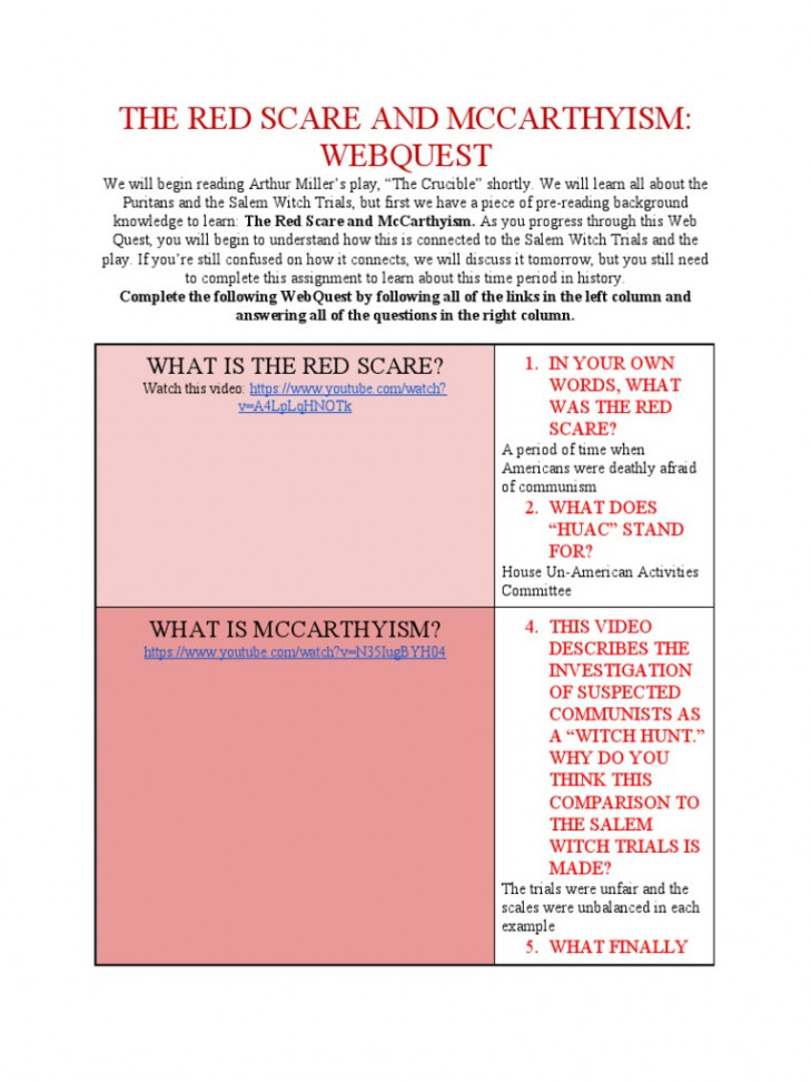 The Red Scare and Mccarthyism: Webquest  PDF  Mc Carthyism