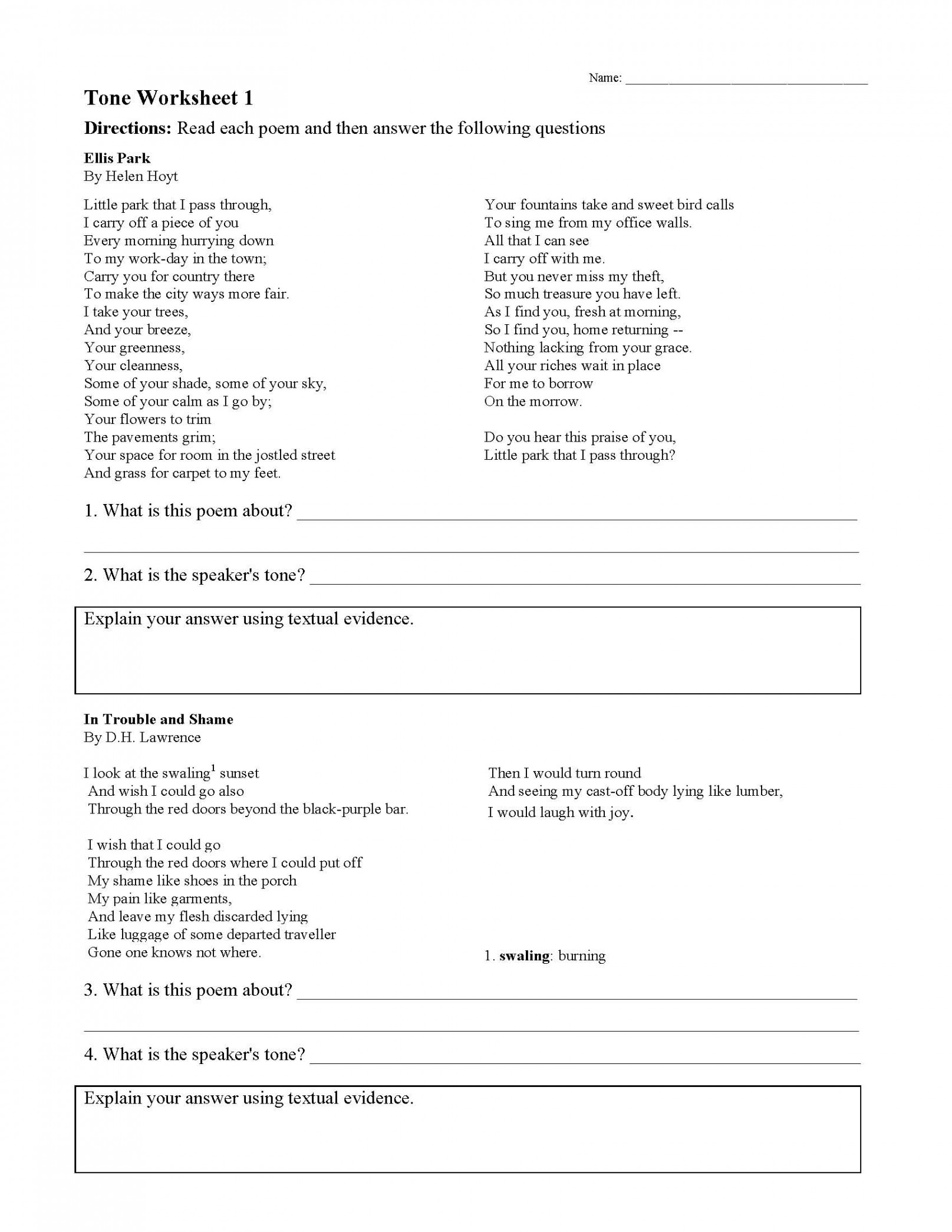 Tone Worksheet   Reading Activity