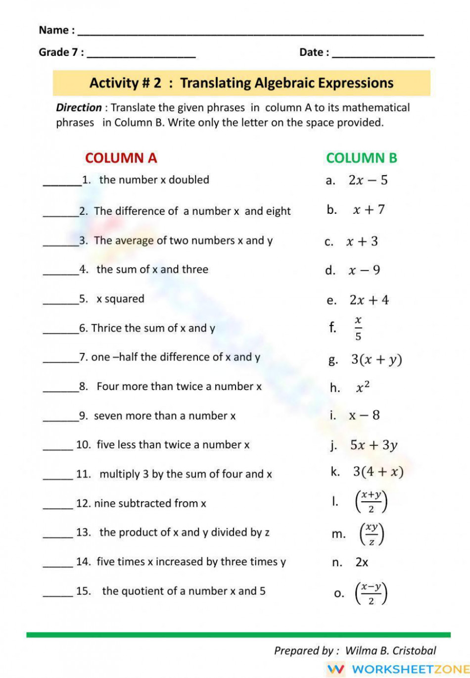 Translating Algebraic Expressions Worksheet