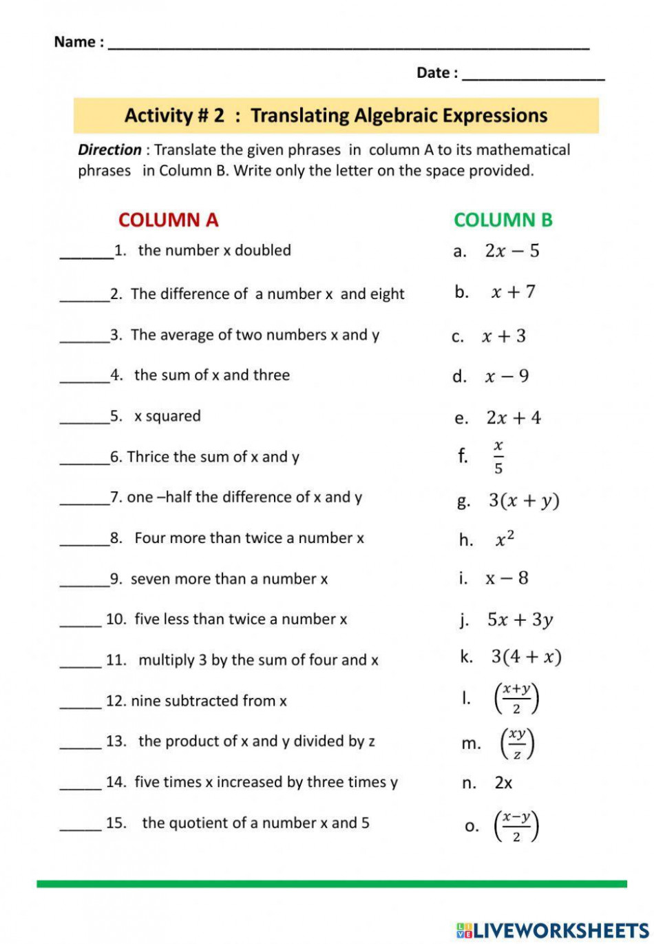 Translating Expressions worksheet  Live Worksheets