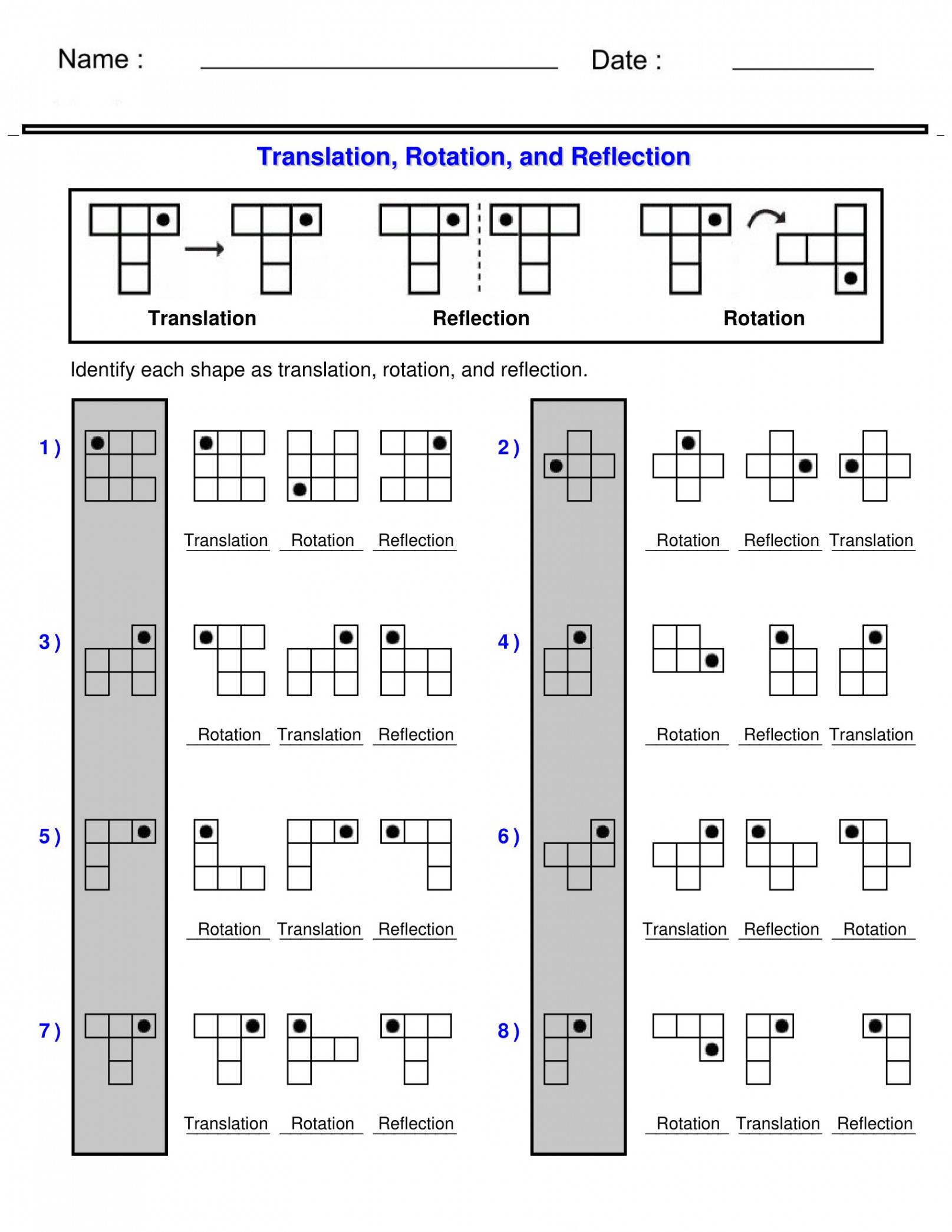 Translation, Rotation, and Reflection - Coordinate Worksheets