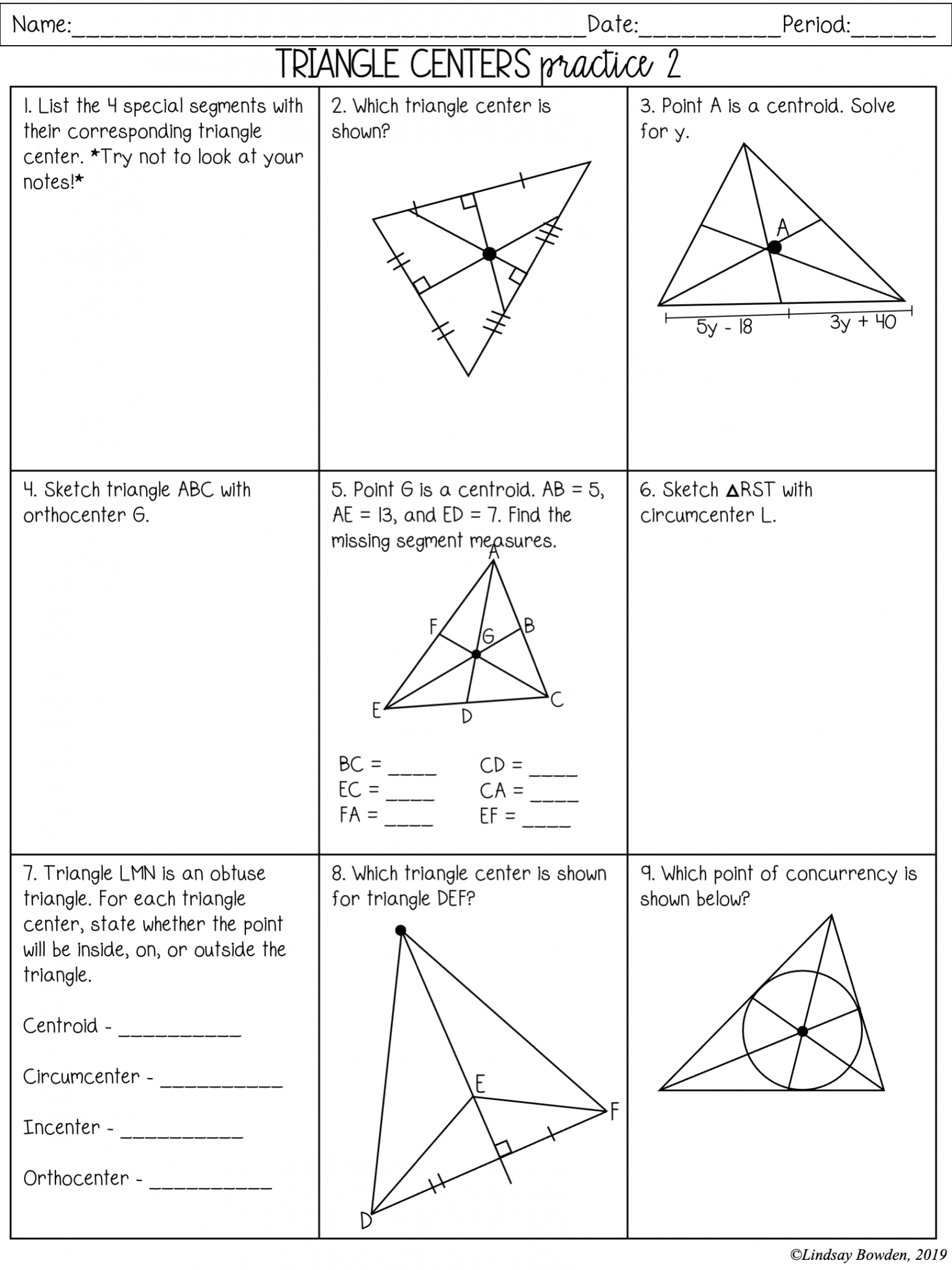 Triangle Centers Notes and Worksheets - Lindsay Bowden