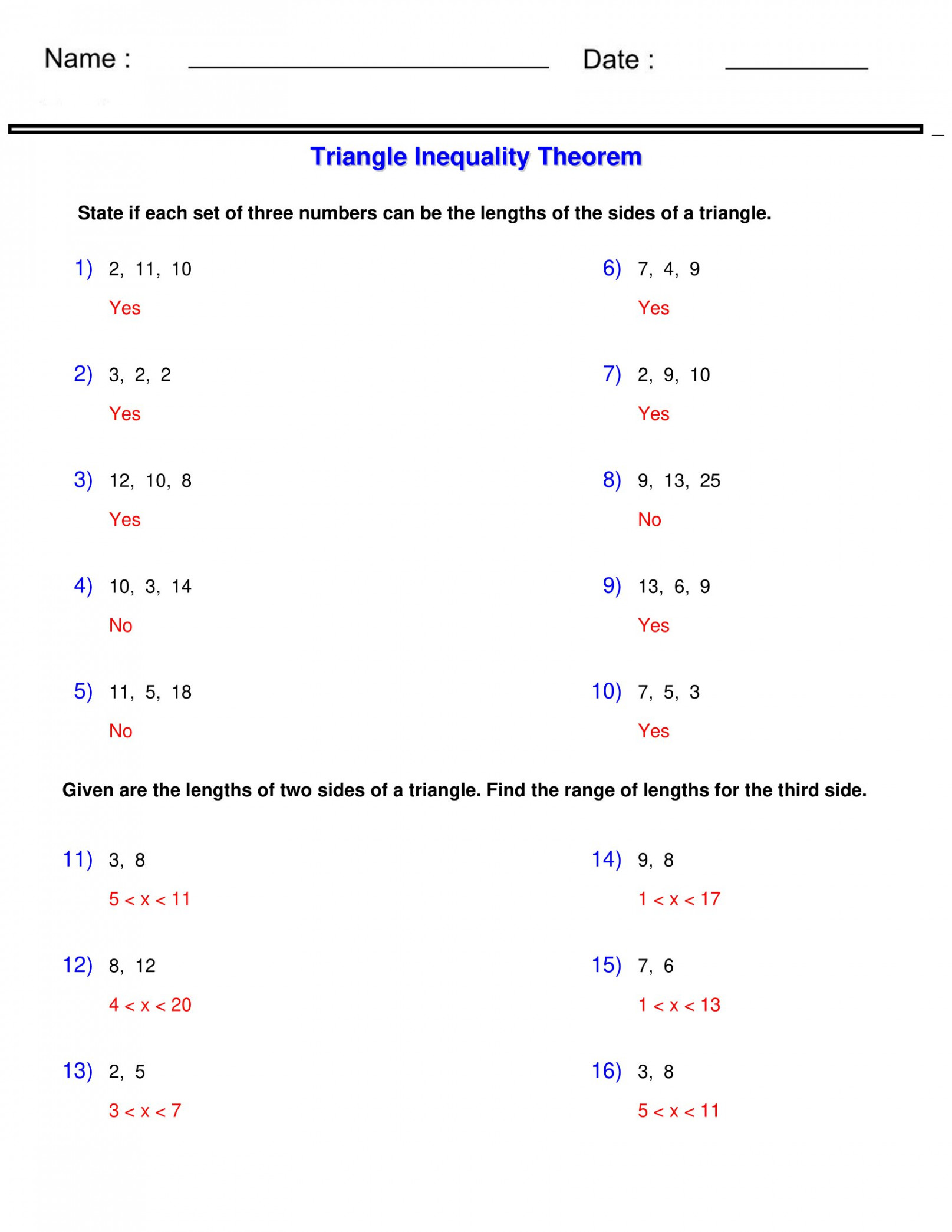 Triangle Inequality Theorem - Triangle Worksheets