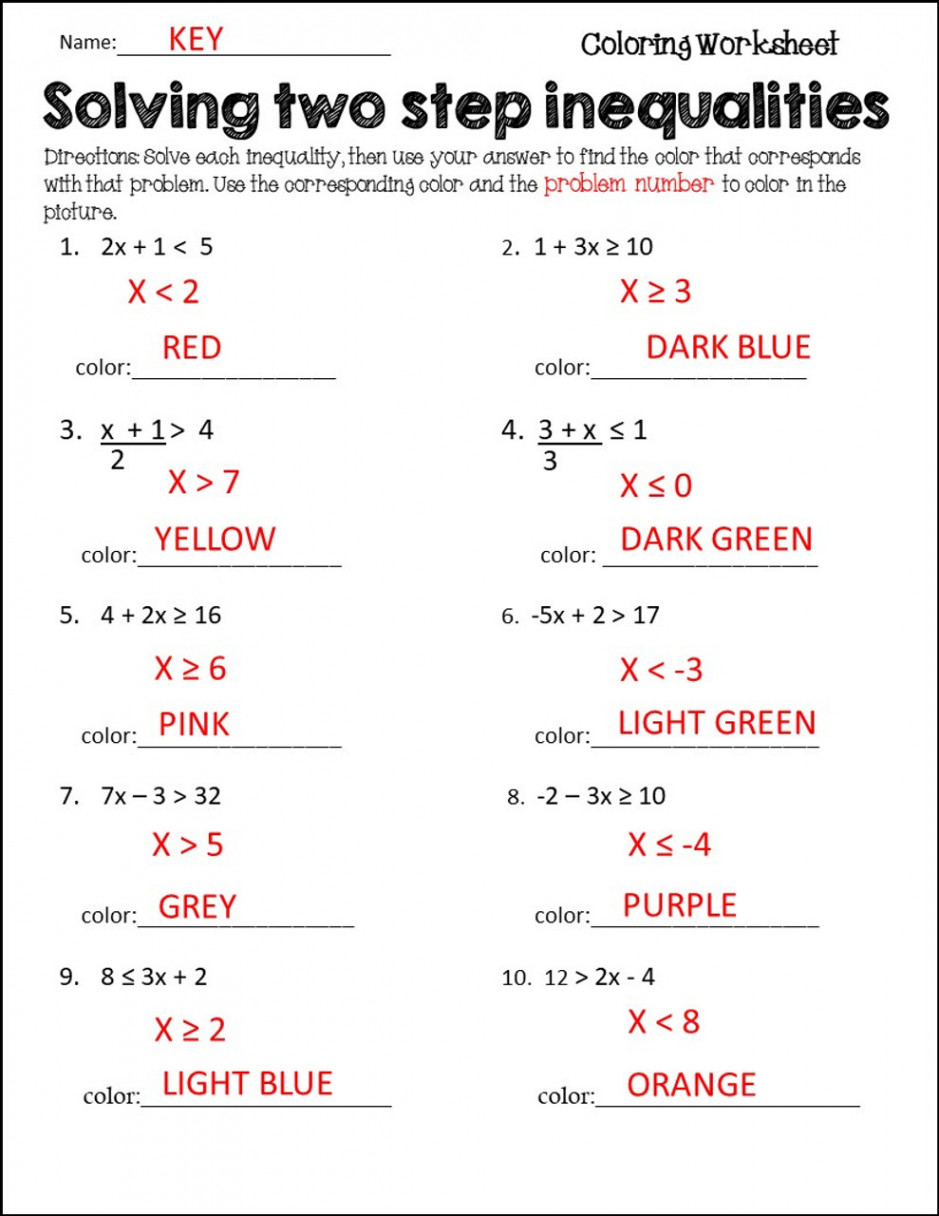 Two Step Inequalities Coloring Worksheet