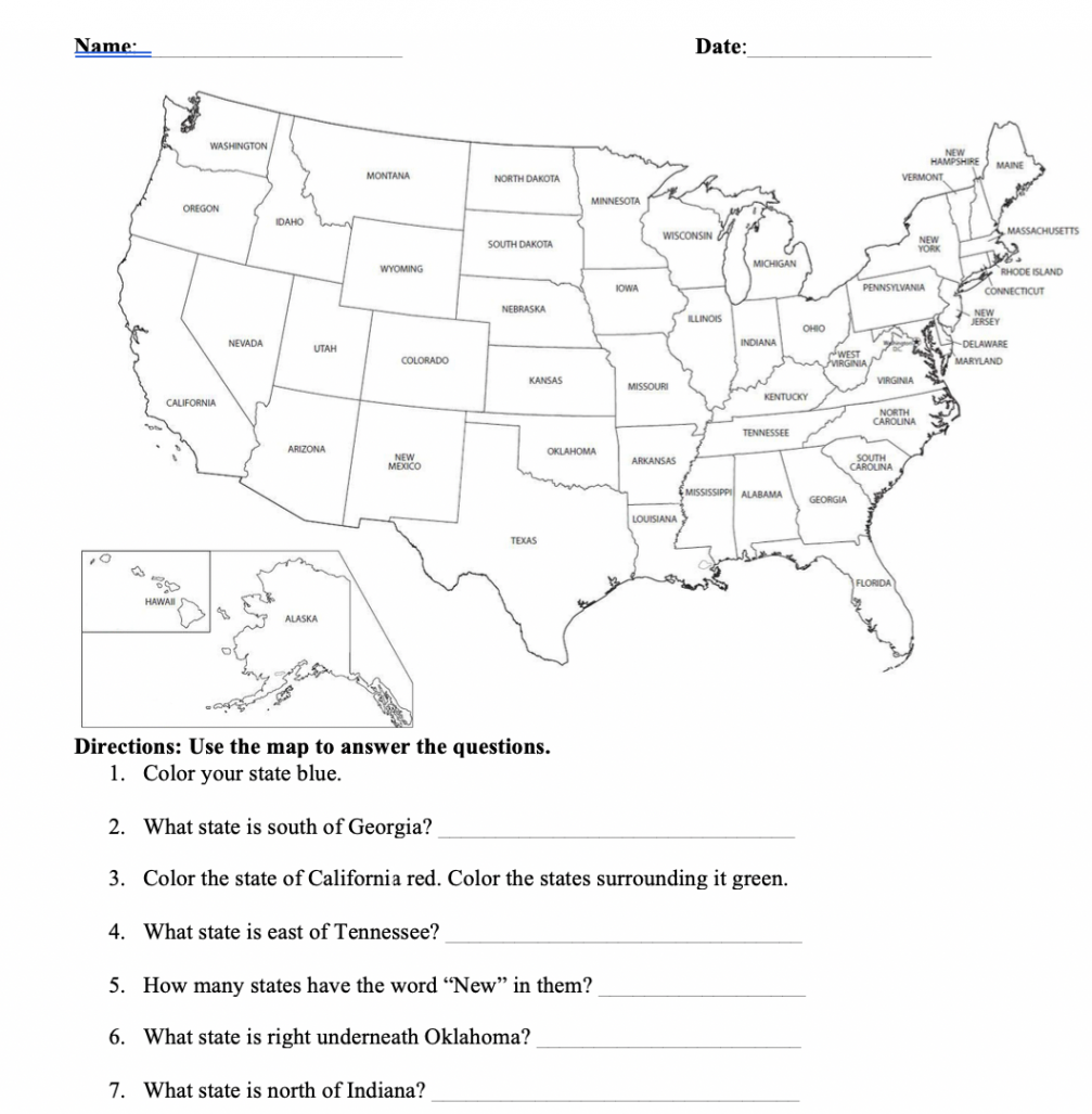 US Geography Color Name States Worksheet