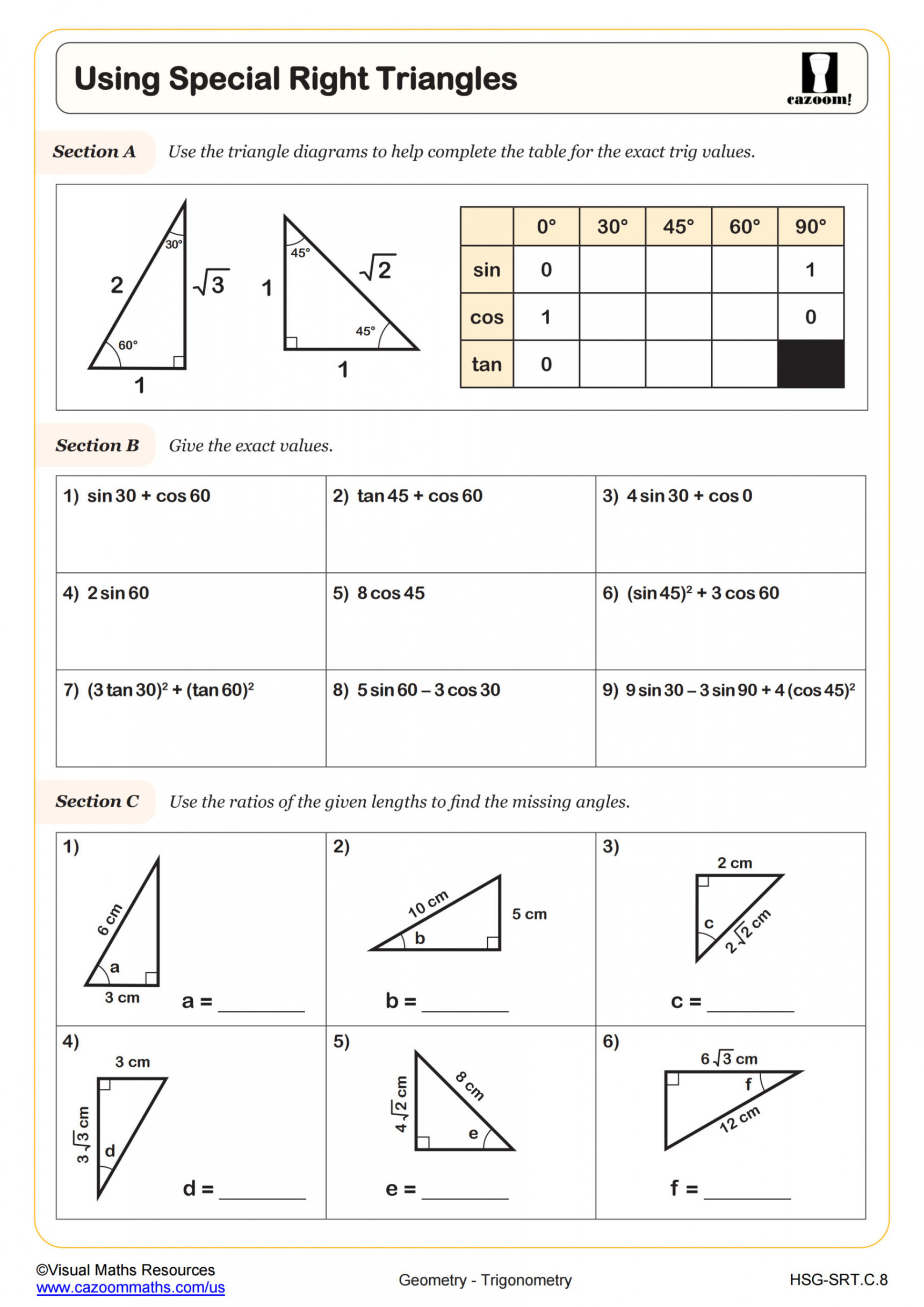 Using Special Right Triangles Worksheet  PDF Printable Geometry