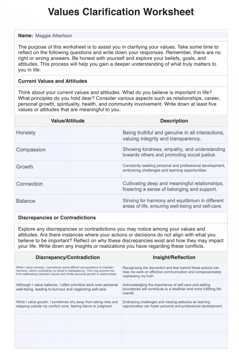 Values Clarification Worksheet & Example  Free PDF Download