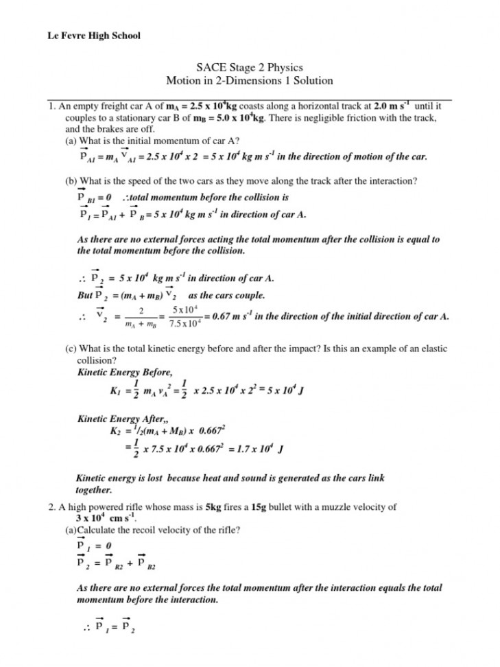 Worksheet - Momentum in -Dimensions  Solution  PDF  Collision