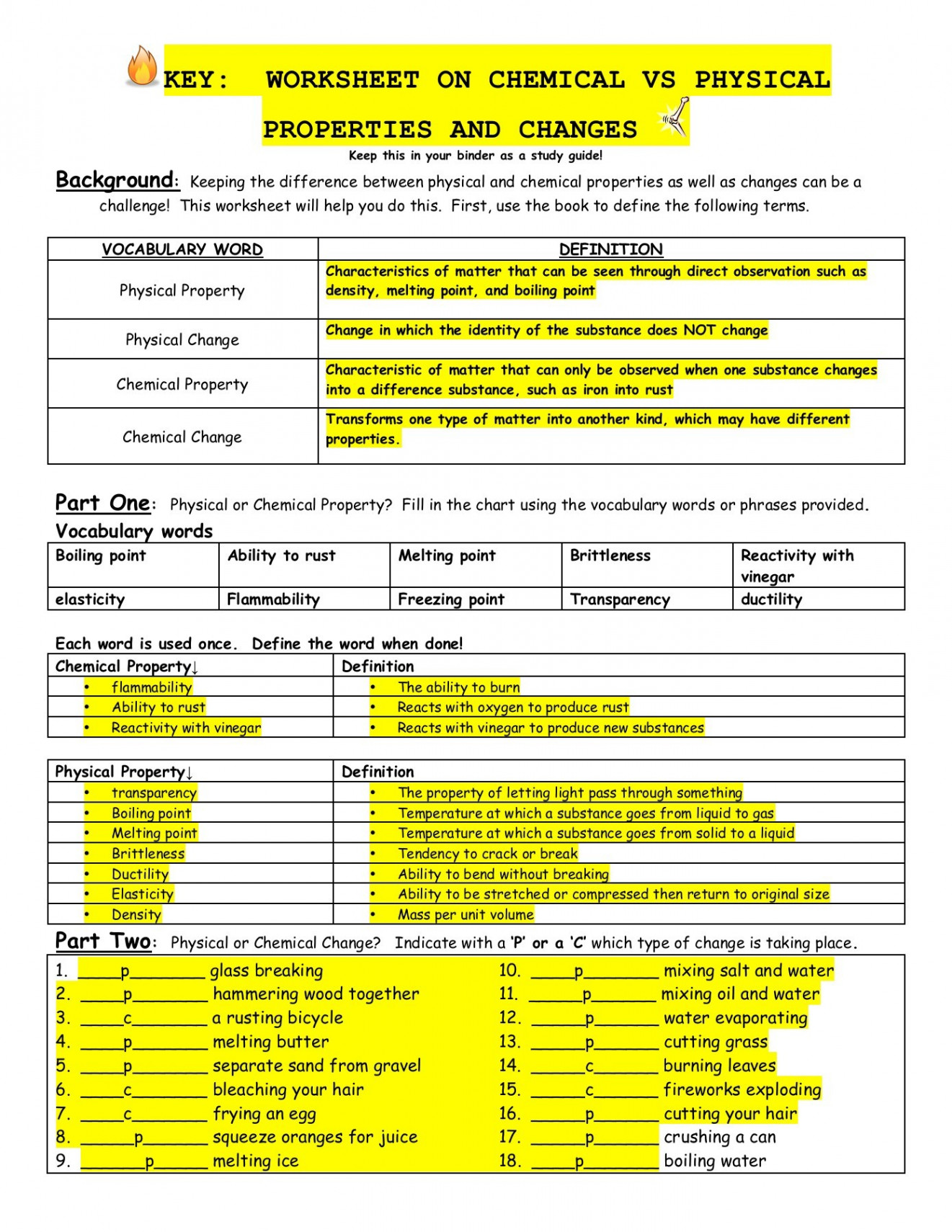 WORKSHEET ON CHEMICAL VS PHYSICAL PROPERTIES AND CHANGES