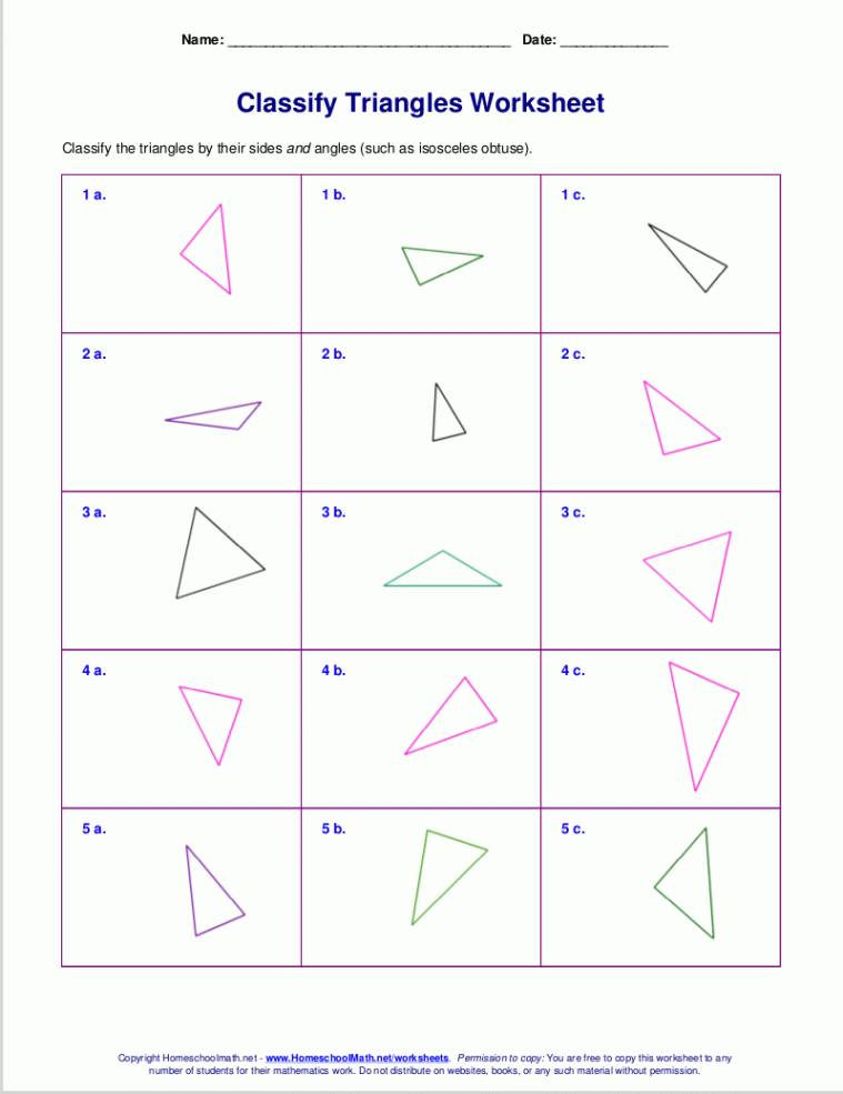 Worksheets for classifying triangles by sides, angles, or both