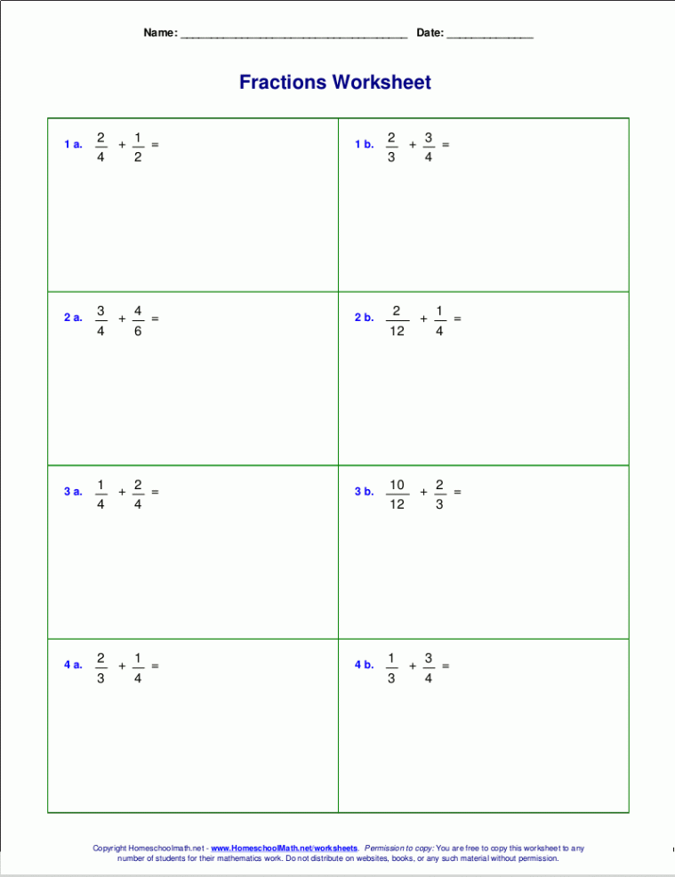 Worksheets for fraction addition