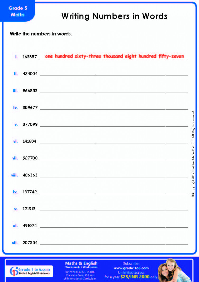 Writing numbers in words worksheet  Gradeto