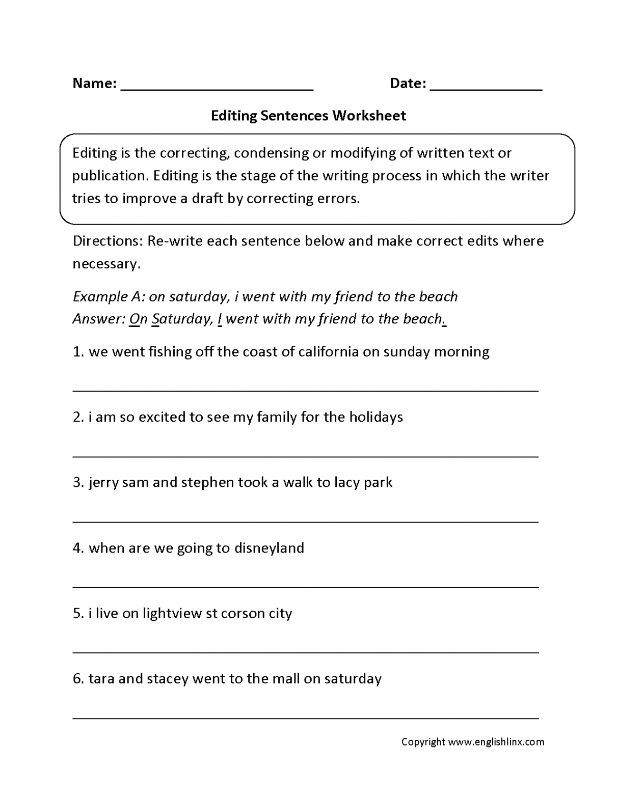Writing Worksheets  Editing Worksheets  Sentence correction