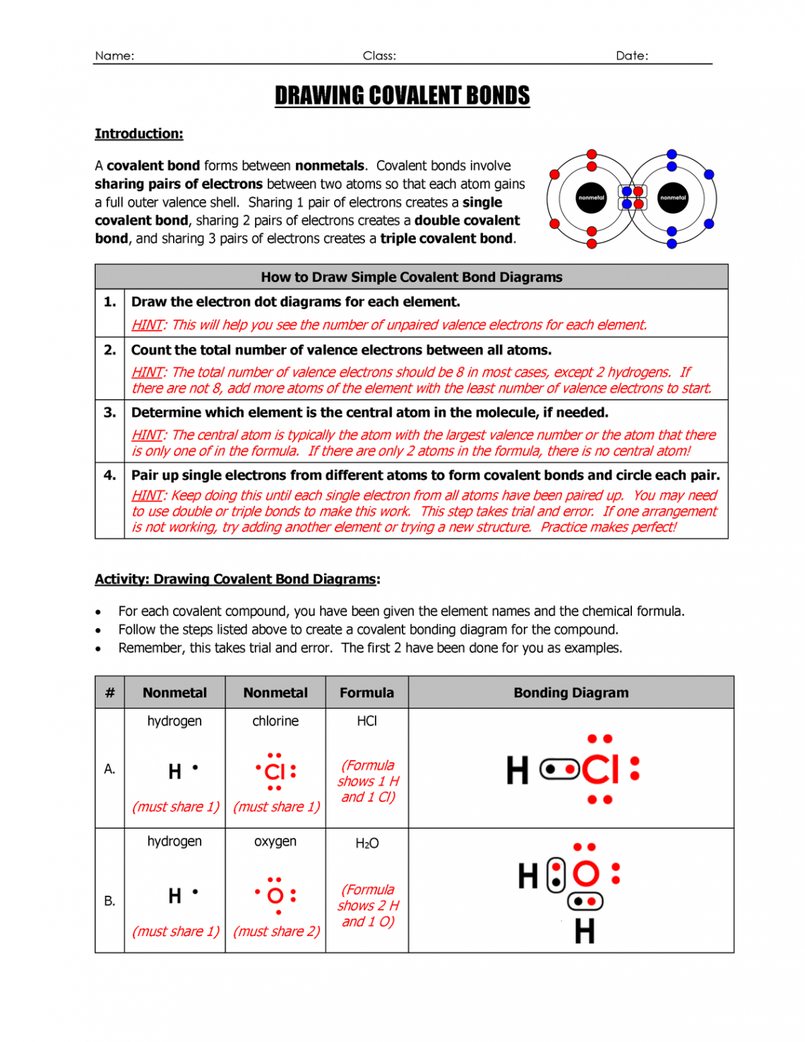 WS - Drawing Covalent Bond Diagrams PDF - Name: Class: Date