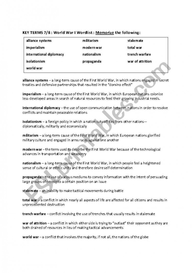 WWI Vocabulary Packet - ESL worksheet by mmtvedt