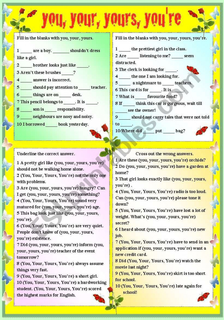 YOU, YOUR, YOURS, YOU´RE (WITH B/W AND ANSWER KEY) - ESL worksheet