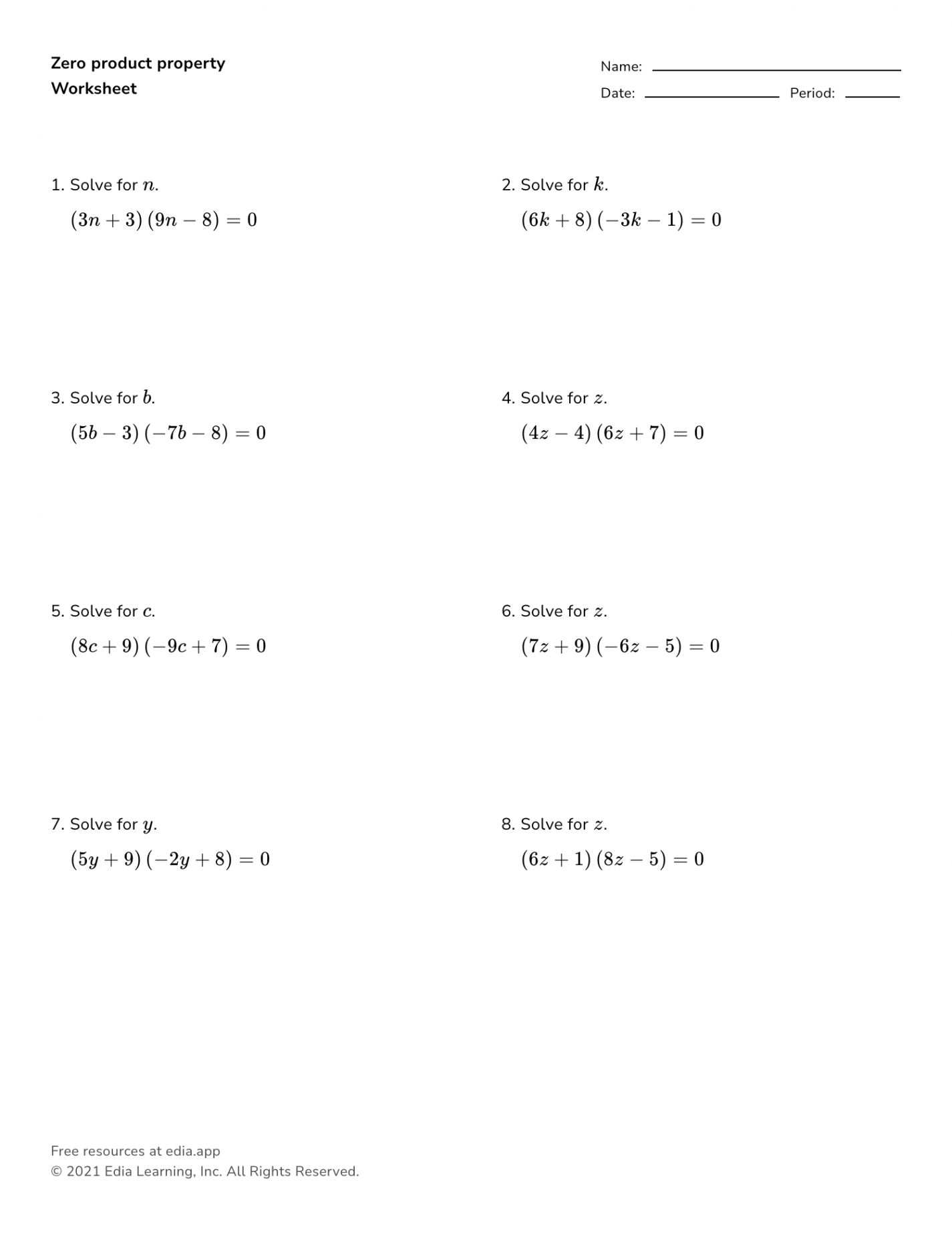 Zero Product Property - Worksheet