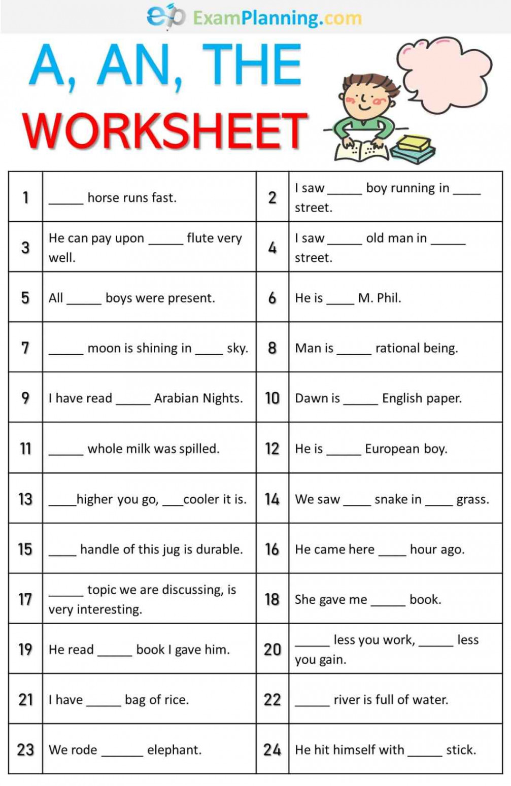 A, An, The Worksheet with Answers – ExamPlanning